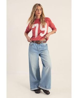 Nasty Gal Varsity Long Sleeve Acid Wash Graphic T-Shirt - Blue