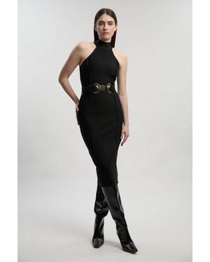 Karen Millen Petite Bandage High Neck Buckle Trim Midi Dress - Black
