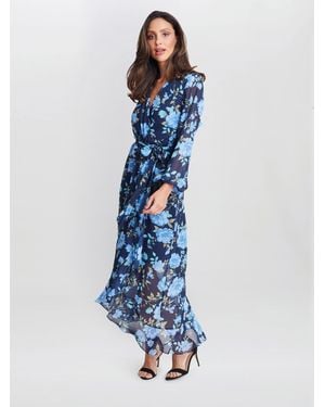 Gina Bacconi Norma Printed Maxi With Tulip Overlay And Tie Belt - Blue