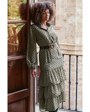 Sosandar Khaki Spot Print Tiered Hem Midi Shirt Dress - Green