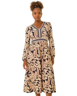 Roman Floral Border Print Midi Dress - Metallic