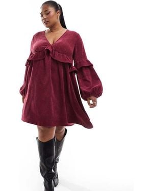 ASOS Design Cord Smock Mini Dress With Frill Detail - Red