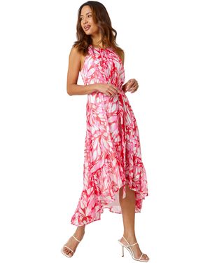 Roman Halter Neck Butterfly Print Asymmetric Dress - Red