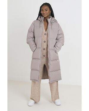 Brave Soul Maxi Length Padded Jacket With Fixed Hood - Grey