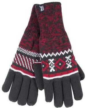 Heat Holders Striped Nordic Fairisle Zig Zag Knitted Fleece Lined Warm Gloves - Red