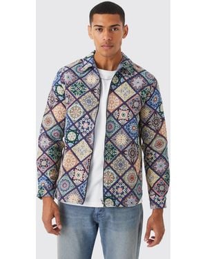 BoohooMAN Long Sleeve Zip Through Diamond Tapestry Overshirt - Blue
