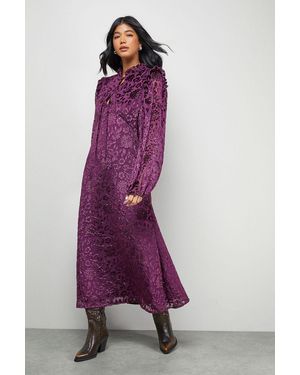 Warehouse Burnout Velvet Frill Shoulder Tie Front Midi Dress - Purple