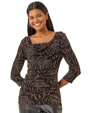 Roman Jacquard Cowl Neck Stretch Top - Black