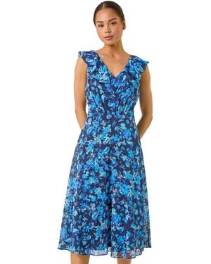 Roman Petite Floral Print Frill Front Midi Dress - Blue