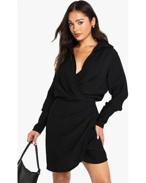 Boohoo Tall Collared Wrap Shirt Dress - Black