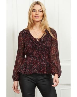 Sosandar Heart Print Ruffle Detail Top - Red