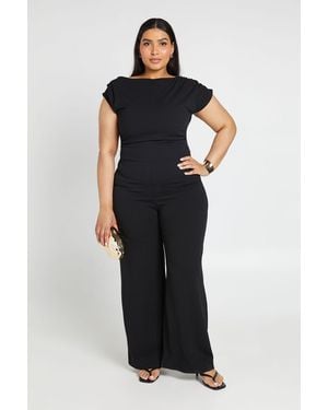 Boohoo Plus Crepe Asymmetric Neck Drape Wide Leg Jumpsuit - Black