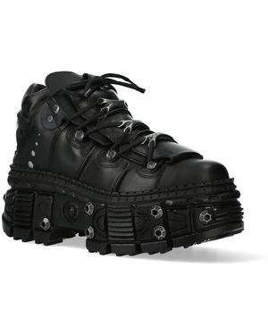 New Rock Goth Leather Ankle Boots-Wall106-S25 - Black