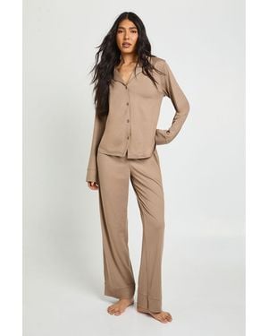 Boohoo Tall Soft Touch Button Through Shirt And Trouser Pyjama Set - Natural