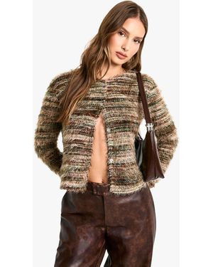 Boohoo Marl Fluffy Knit Cardigan - Brown