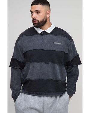 BoohooMAN Plus Oversized Boxy Loopback Washed Embroidered Faux Layer Stripe Rugby Polo - Blue