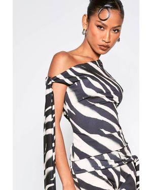 Boohoo Zebra Print Tie Shoulder Top - White