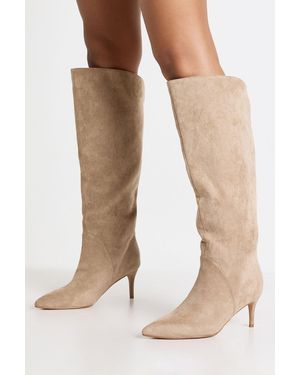 Boohoo Wide Fit Faux Suede Curved Knee High Boots - Natural