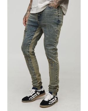 BoohooMAN Tall Stacked Skinny Cross Applique Gusset Jeans - Grey