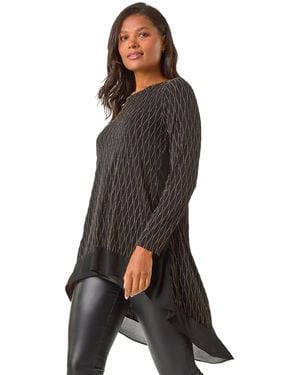 Roman Metallic Print Chiffon Hem Stretch Top - Black