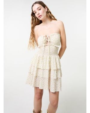 Pink Vanilla Ditsy Floral Ruched Cup Tiered Mini Dress - Natural
