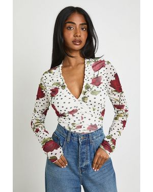 Boohoo Rose Polka Dot Printed Mesh Ruched Neckline Longsleeve Bodysuit - White