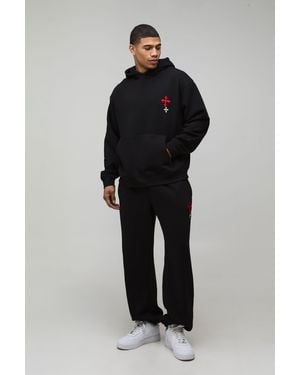 BoohooMAN Oversized Embroidered Cross Hooded Tracksuit - Black