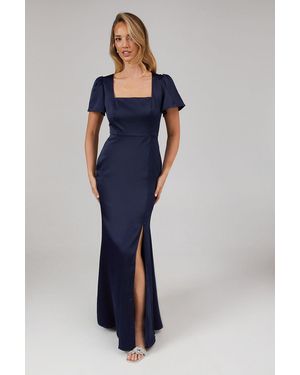 Debut London By Coast Angel Sleeve Square Neckline Satin Bridesmaids Maxi Dress - Blue