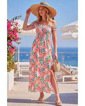 Roman Floral Print Bardot Shirred Midi Dress