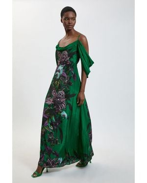Karen Millen Placement Orchid Print Cold Shoulder Maxi Dress - Green