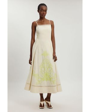 Karen Millen Linen Blend Beaded Cutwork Strappy Midi Dress - Natural
