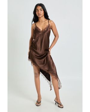 Boohoo Satin & Lace Asymmetric Slip Dress - Brown