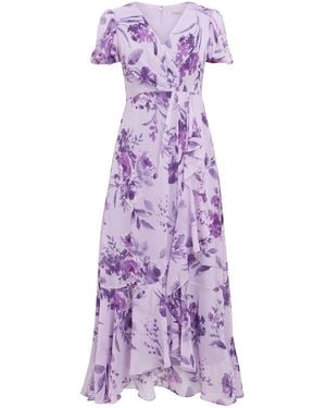Gina Bacconi Elda Long Printed Dress With Surplice Neckline Short Sleeve - Purple