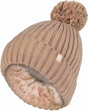 Heat Holders Ladies Ribbed Cuffed Thermal Insulated Winter Pom Pom Bobble Hat - Natural