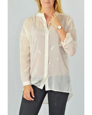 Secret Label Pleated Collar Feather Print Long Line Tunic - Natural