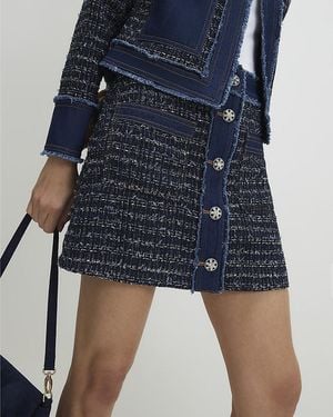 River Island A-Line Mini Skirt Boucle Fabric Button Denim - Blue