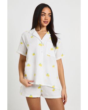 Boohoo Cotton Lemon Print Short Sleeve Shirt & Pyjama Set - White