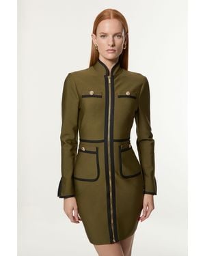 Karen Millen Figure Form Bandage Knit Piping Detail Military Dress - Green