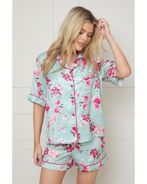 Oasis Sage Floral Satin Printed Short Nightwear Set - Green