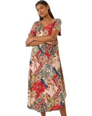 Roman Patchwork Print Curved Hem Midi Dress - Red
