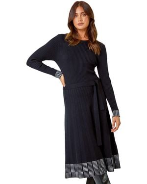 Roman Ribbed Stretch Knit Border Print Dress - Blue