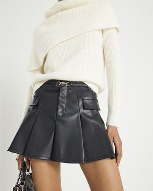 River Island Pleated Shorts Belted Faux Leather Pu - Blue