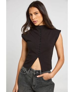 Boohoo Compact Cotton Button Through Cap Sleeve Top - Black
