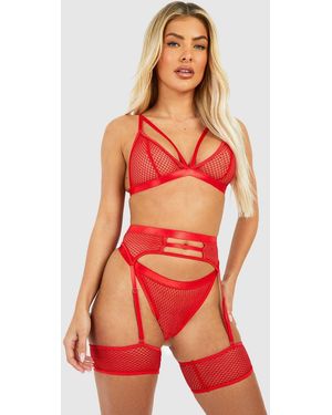 Boohoo Crotchless Mesh Strappy Bralette Thong And Suspender Set - Red