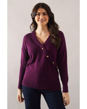 Wallis Button Detail Wrap Slouchy Jumper - Purple