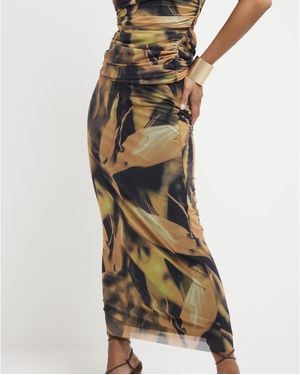 River Island Midi Skirt Petite Khaki Mesh Floral - Yellow