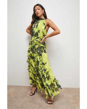 Oasis Petite Printed Ruched Waist Ruffle Front Halterneck Maxi Dress - Green