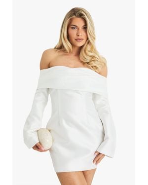 Boohoo Satin Structured Bardot Mini Dress - White