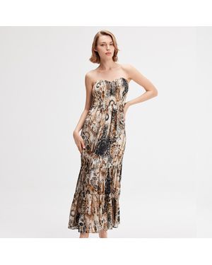 Smart & Joy Bustier Chiffon Maxi -Jurk Met Abstracte Bloemenprint - Metallic