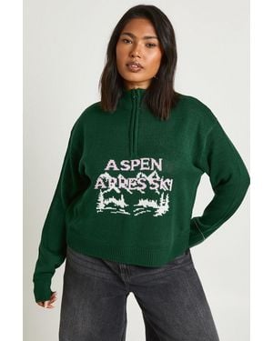 Boohoo Plus Aspen Apres Ski Half Zip Christmas Jumper - Green